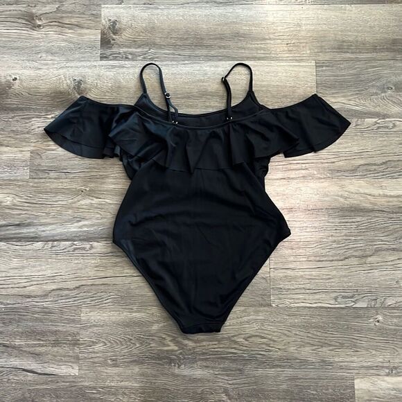 Adore Me Black Ruffle Cold Shoulder Swim Suit Large - Picture 3 of 4